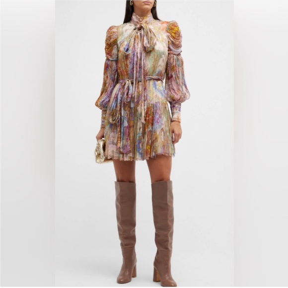 Zimmermann Kaleidoscope Pleated High-Neck Mini Dress. - Picture 2 of 5